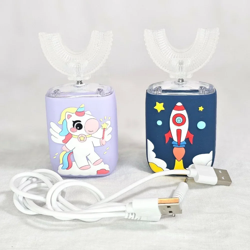 NEW 2PCs Geacker Kids U Shaped Electric Ultrasonic Rechargeable Toothbrush